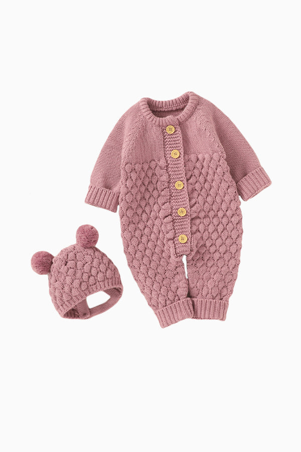 Waffle Cotton Long-Sleeved Jumpsuit with Hat