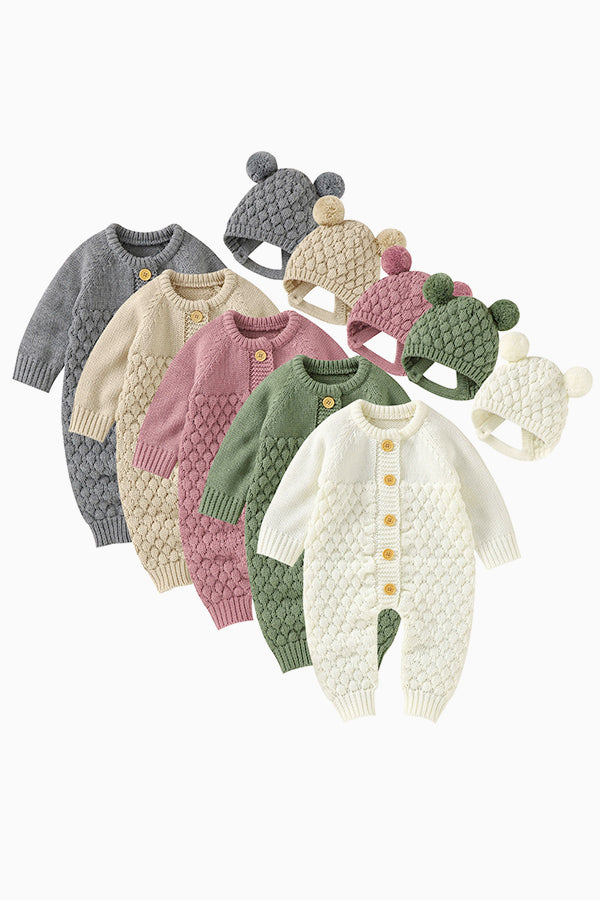 Waffle Cotton Long-Sleeved Jumpsuit with Hat