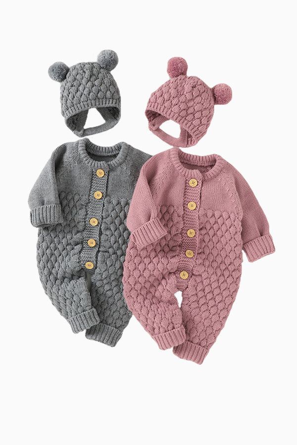 Waffle Cotton Long-Sleeved Jumpsuit with Hat