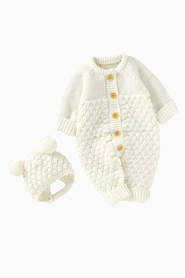 Waffle Cotton Long-Sleeved Jumpsuit with Hat