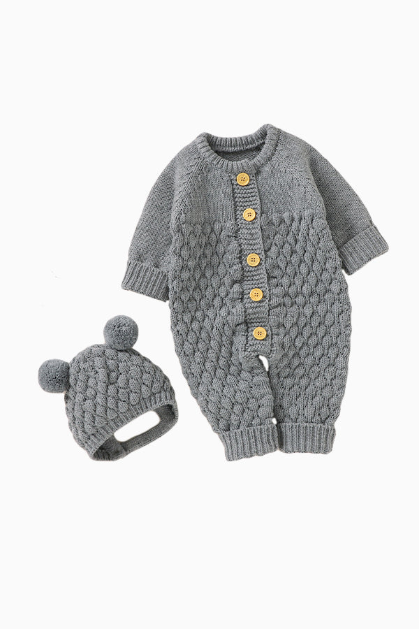 Waffle Cotton Long-Sleeved Jumpsuit with Hat