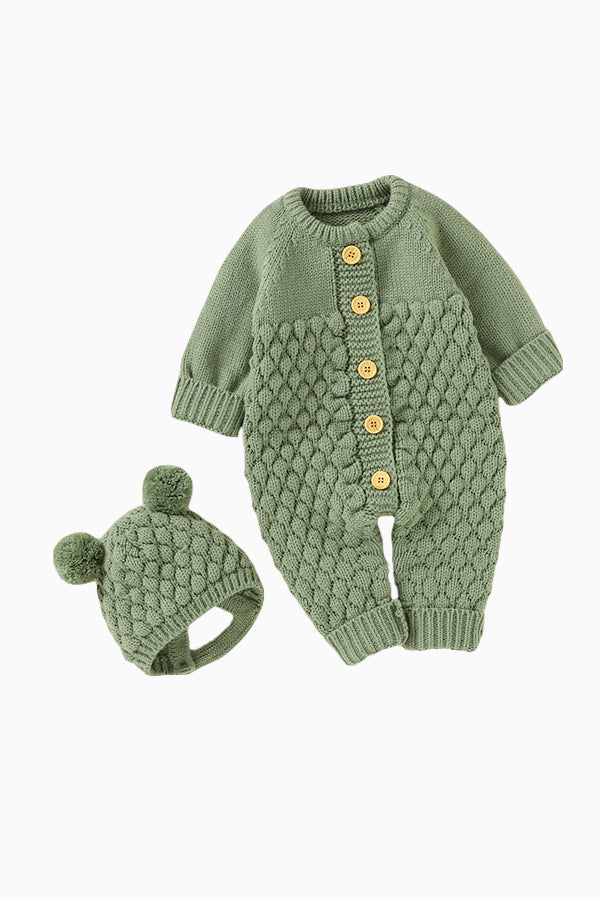 Waffle Cotton Long-Sleeved Jumpsuit with Hat