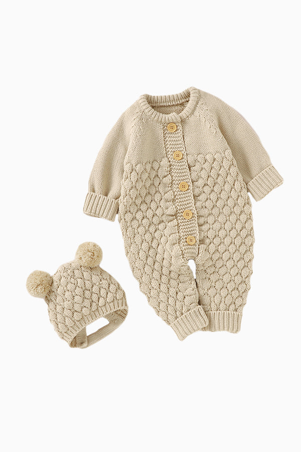 Waffle Cotton Long-Sleeved Jumpsuit with Hat