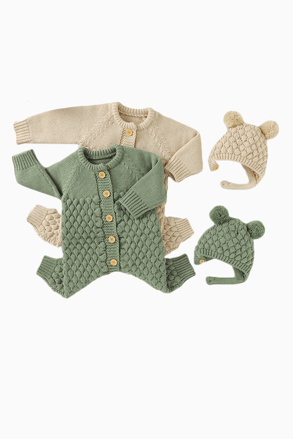 Waffle Cotton Long-Sleeved Jumpsuit with Hat