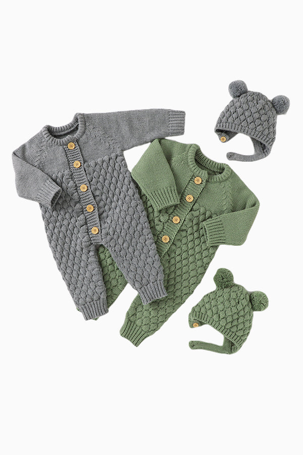 Waffle Cotton Long-Sleeved Jumpsuit with Hat